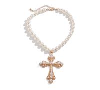 GUYOSWXNM Gothic Cross Necklace for Women Vintage Pearl Cross Pendant Necklace Sparkling Crystal Cross Jewelry (White+Gold)