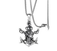 GUYOSWXNM Gothic Pirate Skull Pendant Necklace With Skull Head, Ship Anchor, Double Sword - Stainless Steel For Men & Women (Silver)