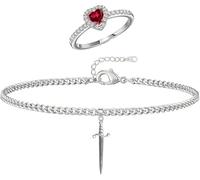 GUYOSWXNM Heart Ring Sword Bracelet Set for Couple Gold/Silver Matching Ring and Bracelet Set Sword Link Chain Bracelet Red Gemstone for Her Sword Through Heart Anniversary Trendy Jewelry (silver)
