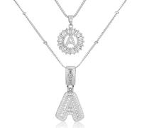 GUYOSWXNM Initial Letter Necklace for Women 14k White Gold Silver Plated Dainty Necklaces Trendy Chunky Custom Layered Round Circle Zirconia A-Z Letter Chain Pendant Jewelry Gift (AA)