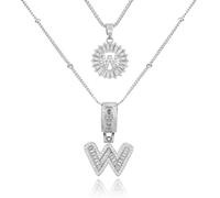 GUYOSWXNM Initial Letter Necklace for Women 14k White Gold Silver Plated Dainty Necklaces Trendy Chunky Custom Layered Round Circle Zirconia A-Z Letter Chain Pendant Jewelry Gift (W)