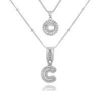 GUYOSWXNM Initial Letter Necklace for Women 14k White Gold Silver Plated Dainty Necklaces Trendy Chunky Custom Layered Round Circle Zirconia A-Z Letter Chain Pendant Jewelry Gift (C)
