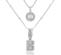 GUYOSWXNM Initial Letter Necklace for Women 14k White Gold Silver Plated Dainty Necklaces Trendy Chunky Custom Layered Round Circle Zirconia A-Z Letter Chain Pendant Jewelry Gift (B)