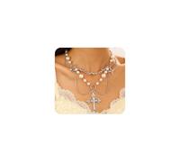 GUYOSWXNM Layered Chunky Cross Pendant Pearl Necklace,Exquisite Crucifix Tassel Bead Statement Necklace,Trendy Gothic Cross Pearl Fringe Choker for Baptism (Silver)