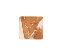 GUYOSWXNM Layered Chunky Cross Pendant Pearl Necklace,Exquisite Crucifix Tassel Bead Statement Necklace,Trendy Gothic Cross Pearl Fringe Choker for Baptism (Gold)