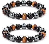GUYOSWXNM Triple Bracelet for Men Women Tiger Eye Bracelet Black Obsidian Bracelets 10mm Natural Stone Protection Bracelets 2 Pairs Tiger Eye bead bracelet