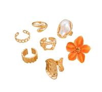 GUYOSWXNM Women's unique liquid lava shaped flower opening ring with pearl like hollow joint ring, women's jewelry gift (Orange)