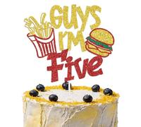 Guys I'm Five Cake Topper, Hamburger and Fries Themed Birthday Decorations, High Five Boys Girls 5th Birthday Decorations, Funny 5th Bday Decor Gold & Red Glitter