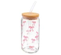 Guzeelu Glass Cup with Lid and Straw, Iced Coffee Bow Mug, Reusable Drinking Glass for Bubble Tea and Coffee at Home Kitchen or Office