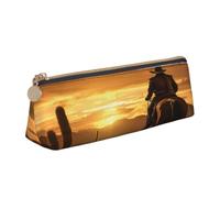 GVCHJKDR West Desert Cactus with Cowboys Riding Horses2 Print Leather Triangle Pencil Pouch,Smooth Zipper Stationery Bag