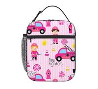 GVGOAGL Cute Pink Firefighter Insulated Lunch Bag Reusable Cooler Lunch Box Portable Leakproof Thermal Container Tote Bags for Girls Boys School Travel