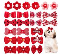 Gvhntk 20Pcs Light Pink Small Dog Hair Bows Cute Puppy Dog Bowknot Hair Bow Bulk with Rubber Bands Elastic Lace Rhinestone Pearls Hair Ties Mix Style Handmade Flower Bow Dog Cat (Red, Strong Pattern)