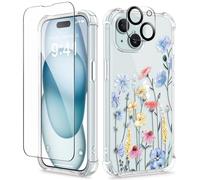 GVIEWIN Case Compatible with iPhone 15 Plus 6.7" 2023,with Screen Protector+Camera Lens Protector,Non-yellow Flower Clear TPU Slim Shockproof Anti-Scratch Protective Cover (Aconite/Light Blue)