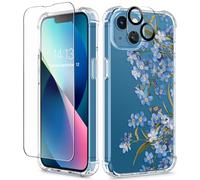 GVIEWIN Compatible with iPhone 13 Case 6.1 Inch 2021, with Tempered Glass Screen Protector + Camera Lens Protector, Flower Clear TPU Slim Bumper Shockproof Protective Soft Cover, Aconite/Blue
