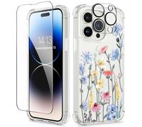 GVIEWIN Compatible with iPhone 14 Pro Case 6.1 Inch 2022, with Tempered Glass Screen Protector+Camera Lens Protector, Flower Clear TPU Slim Bumper Shockproof Protective Cover,Aconite/Light Blue