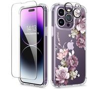 GVIEWIN Compatible with iPhone 14 Pro Case 6.1 Inch 2022, with Tempered Glass Screen Protector+Camera Lens Protector, Flower Clear TPU Slim Bumper Shockproof Protective Cover,Cherry Blossoms/Purple