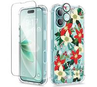 GVIEWIN Compatible with iPhone 16 Plus Case 6.7" 2024 with Screen Protector&Camera Lens Protector, Clear Floral Anti-scratch Shockproof Drop Protection Cover for Women Girl,Poinsettia/Green