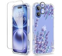 GVIEWIN Compatible with iPhone 16 Plus Case 6.7" 2024 with Screen Protector&Camera Lens Protector, Clear Floral Anti-scratch Shockproof Drop Protection Cover for Women Girl,Light Lavender/Purple