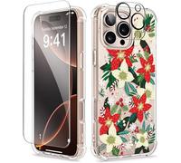 GVIEWIN Compatible with iPhone 16 Pro Case 6.3" 2024 with Screen Protector&Camera Lens Protector,Clear Shockproof Drop Protection Anti-scratch Floral Phone Cover for Women Girl,Poinsettia/Green