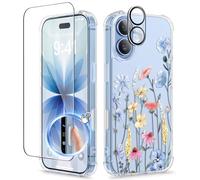 GVIEWIN Compatible with iPhone 17 Case 6.3" 2025, with Screen Protector & Camera Lens Protector, Shockproof Military Grade Drop Protective Clear Floral Slim Phone Cover for Women,Aconite/Light Blue