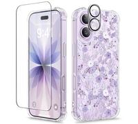 GVIEWIN Compatible with iPhone 17 Case 6.3" 2025, with Screen Protector & Camera Lens Protector, Shockproof Military Grade Drop Protective Clear Floral Slim Phone Cover for Women,Wild Rosa/Purple