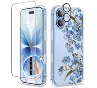 GVIEWIN Compatible with iPhone 17 Case 6.3" 2025, with Screen Protector & Camera Lens Protector, Shockproof Military Grade Drop Protective Clear Floral Slim Phone Cover for Women,Aconite/Blue