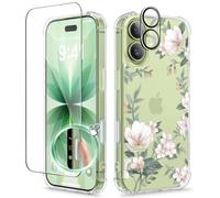 GVIEWIN Compatible with iPhone 17 Case 6.3" 2025, with Screen Protector & Camera Lens Protector, Shockproof Military Grade Drop Protective Clear Floral Slim Phone Cover for Women,Magnolia/White