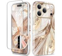 GVIEWIN Compatible with iPhone 17 Pro Case 6.3" 2025,with Screen Protector, [Compatible with MagSafe][Full Camera Protection] Marble Shockproof Anti-Scratch Protective Magnetic Cover,Topaz/Gold