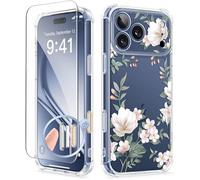GVIEWIN Compatible with iPhone 17 Pro Case 6.3" 2025, with Screen Protector, [Full Camera Protection] Shockproof Military Grade Drop Protective Clear Floral Slim Phone Cover for Women,Magnolia/White
