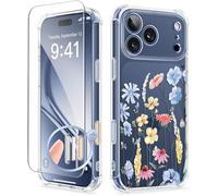 GVIEWIN Compatible with iPhone 17 Pro Case 6.3" 2025, with Screen Protector, [Full Camera Protection] Shockproof Military Grade Drop Protective Clear Floral Slim Phone Cover for Women,Light Blue