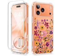 GVIEWIN Compatible with iPhone 17 Pro Case 6.3" 2025, with Screen Protector, [Full Camera Protection] Shockproof Military Grade Drop Protective Clear Floral Slim Cover for Women (Wild Bloom/Colorful)