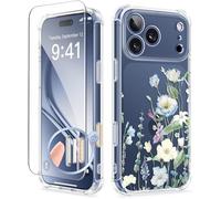 GVIEWIN Compatible with iPhone 17 Pro Case 6.3" 2025, with Screen Protector, [Full Camera Protection] Shockproof Military Grade Drop Protective Clear Floral Slim Phone Cover for Women,Aquilegia/White