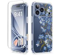 GVIEWIN Compatible with iPhone 17 Pro Case 6.3" 2025, with Screen Protector, [Full Camera Protection] Shockproof Military Grade Drop Protective Clear Floral Slim Phone Cover for Women,Aconite/Blue