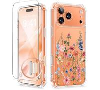 GVIEWIN Compatible with iPhone 17 Pro Case 6.3" 2025, with Screen Protector, [Full Camera Protection] Shockproof Military Grade Drop Protective Clear Floral Slim Cover for Women (Wild Petals/Colorful)
