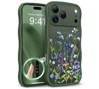 GVIEWIN Compatible with iPhone 17 Pro Max Case 6.9" 2025,[Compatible with MagSafe][Full Camera Protection] Flower Wavy Translucent Shockproof Magnetic Phone Cover for Women,Sweet Posy/Forest Green