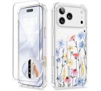 GVIEWIN Compatible with iPhone 17 Pro Max Case 6.9" 2025, with Screen Protector, [Full Camera Protection] Shockproof Military Grade Drop Protective Clear Floral Phone Cover for Women,Light Blue