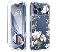 GVIEWIN Compatible with iPhone 17 Pro Max Case 6.9" 2025, with Screen Protector, [Full Camera Protection] Shockproof Military Grade Drop Protective Clear Floral Phone Cover for Women,Magnolia/White