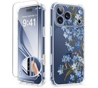 GVIEWIN Compatible with iPhone 17 Pro Max Case 6.9" 2025, with Screen Protector, [Full Camera Protection] Shockproof Military Grade Drop Protective Clear Floral Phone Cover for Women,Aconite/Blue