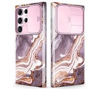 GVIEWIN Designed for Samsung S23 Ultra Case Galaxy with Slide Camera Cover, [10FT Military Shockproof] Stylish Marble Anti-Scratch Shockproof Protective Slim Case 5G 6.8" 2023, Burgundy/Gold