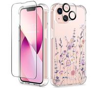 GVIEWIN for iPhone 13 Case TPU Clear Flower with Screen+Lens Protectors