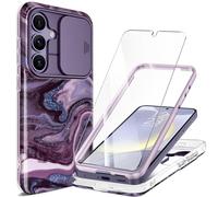 GVIEWIN for Samsung Galaxy S24 Plus Case Marble with Slide Camera Cover | With Screen Protector, 360° Armor, Shockproof Bumper, Protective, Anti-Scratch Case 6.7" 2024,Quicksand/Purple