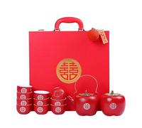 GVILTY Chinese Traditional Wedding Decoration Supplies Double Happiness Porcelain Tea Set 1 Teapot 6/10 Tea Cups 1 Canister 1 Tray, Red Wedding Porcelain Tea Service Set C