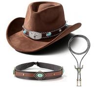 GVMJHYK Felt Cowboy Hat Set with Bolo Tie & Belt - Brown 3-Piece Rodeo Costume with Bull Head Decor for Adults