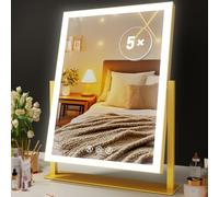Gvnkvn Makeup Vanity Mirror with USB Charging Port 12.5" x 12" Large LED Makeup Mirror, Desk Mirorr with Lights, Light up Mirror with 10X Magnification and, Dimmable 3 Modes, Touch Control Gold