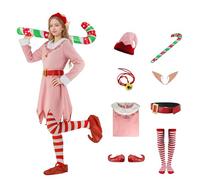 Gvnphal Women Christmas Elf Costume Dress Xmas Festive Outfit with Elf Ears Hat Shoes Belt Socks Necklace Candy Cane Set 2XL
