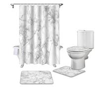 GVOZI 4 Piece Shower Curtain Set,White Marble Texture Includes Extra Large Floor Mats, U-shaped Mat, Toilet Seat Cover, Ocean Shower Curtain with 12 Hooks for Bathroom Decoration
