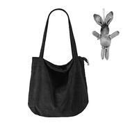 GVSAVY 1 Black Corduroy Bag, With 1 Rabbit Charm, Retro Shoulder Bag, Simple Beach Bag, Casual Large Capacity Shopping Bag, Zipper Handbag