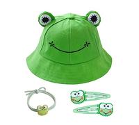 GVSAVY 1 Frog Sun hat, with 2 Frog Hairpin and 1 Frog Hair Ring, Spring and Summer Outdoor Fishing hat Neutral Leisure Bucket hat, Suitable for Camping, Tourism, Fishing, Shopping Green