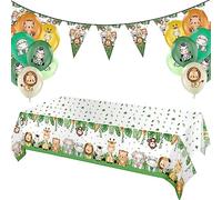 GVSAVY 1 Jungle Zoo Party Table Cover with 1 String of Pennants, 18 Balloons, Animal Theme Table Cover, Baby Shower Table Cover, Kids Birthday Party, Jungle Theme Decorations (274 X 137 Cm)