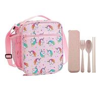 GVSAVY 1 Rainbow Horse Lunch Bag with 1 Set Cutlery, Portable Insulated Picnic Bag, Multi-Functional Insulated Bag with Side Mesh Pockets, for School, Picnic, Camping (Pink)